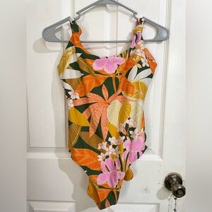 Aerie Multicolored One Piece Swimsuit Tropical Floral Thick Straps Tie Back
